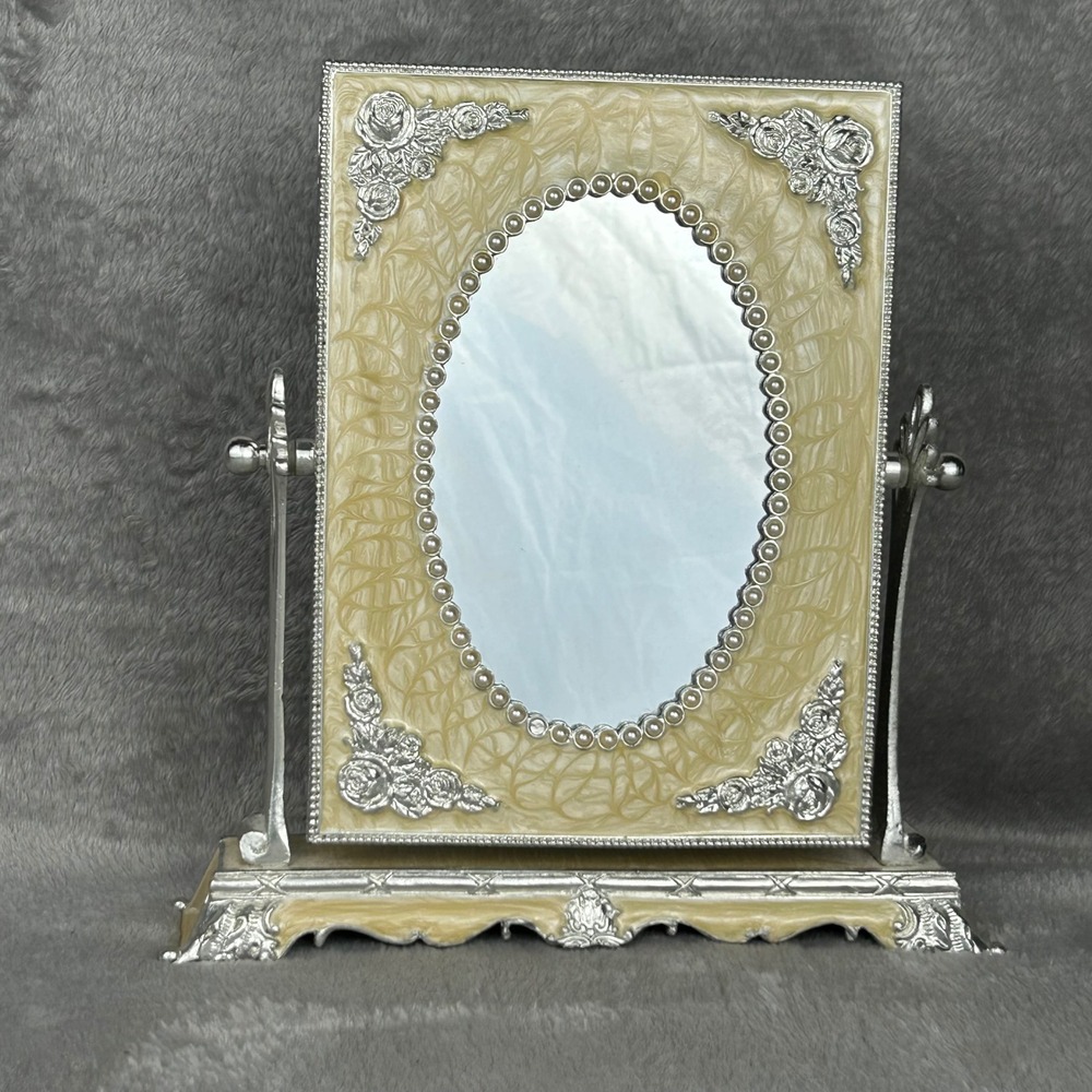 Vintage Style Enameled Tilting Vanity Mirror Cream Silver Floral Faux Pearl